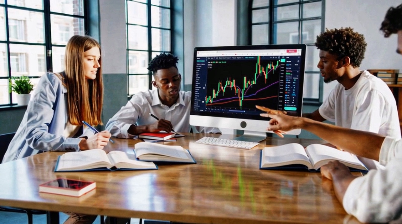 Students at a conference table, studying chart data on a computer